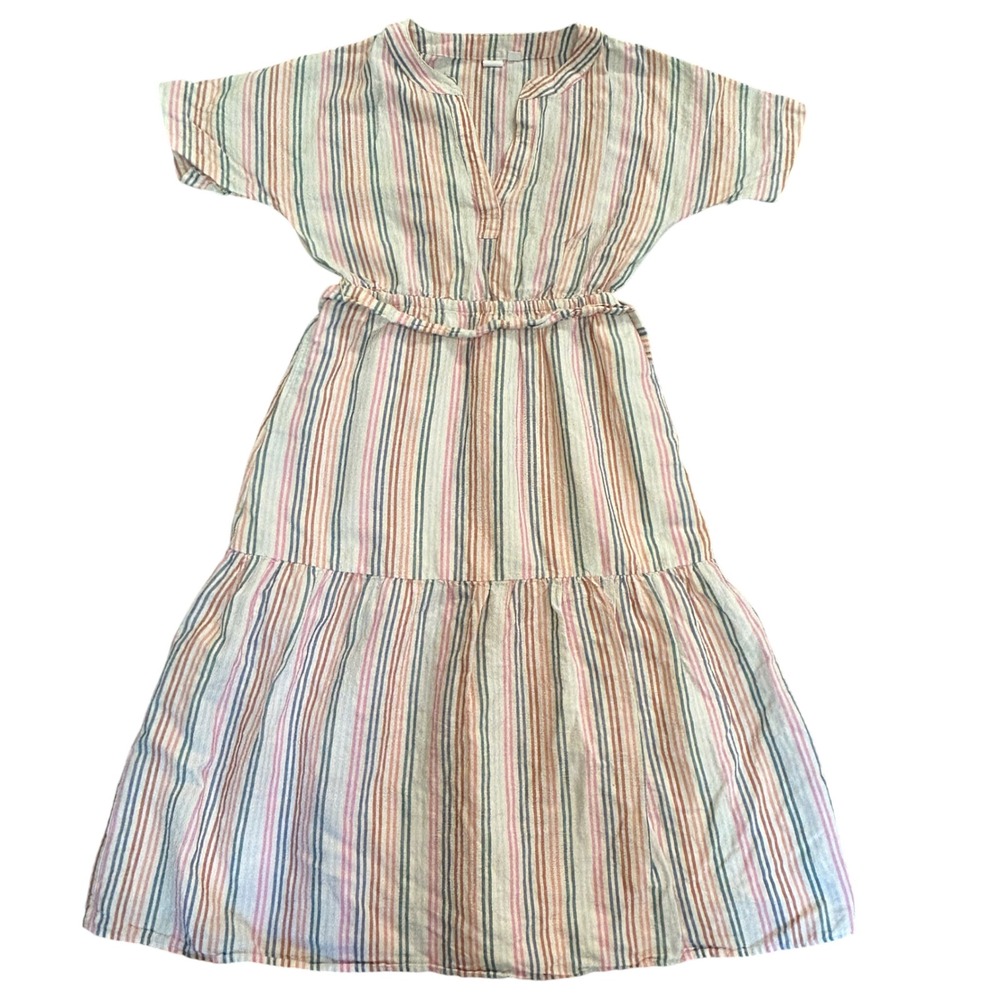 GAP Womens Multi Color Striped Linen Blend V-Neck Tiered Midi Dress Size 0